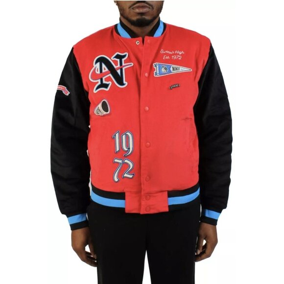 Nike Varsity Bomber Jacket 1972 Swoosh Letterman Black Red Men's Size Large NWT - Picture 1 of 10